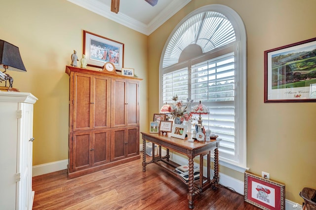 home office featuring crown molding and light hardwood / wood-style flooring