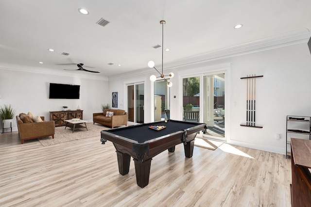 recreation room featuring crown molding, pool table, and light hardwood / wood-style flooring