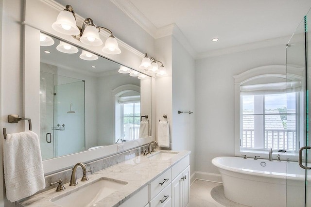 bathroom featuring tile patterned flooring, ornamental molding, separate shower and tub, and a healthy amount of sunlight