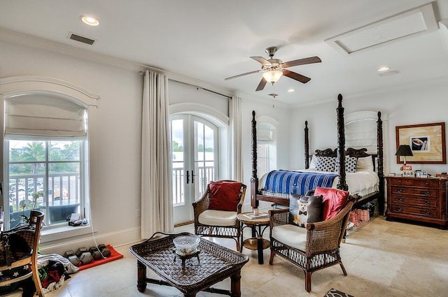 bedroom with multiple windows, crown molding, and ceiling fan