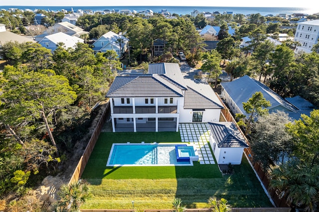 drone / aerial view featuring a water view