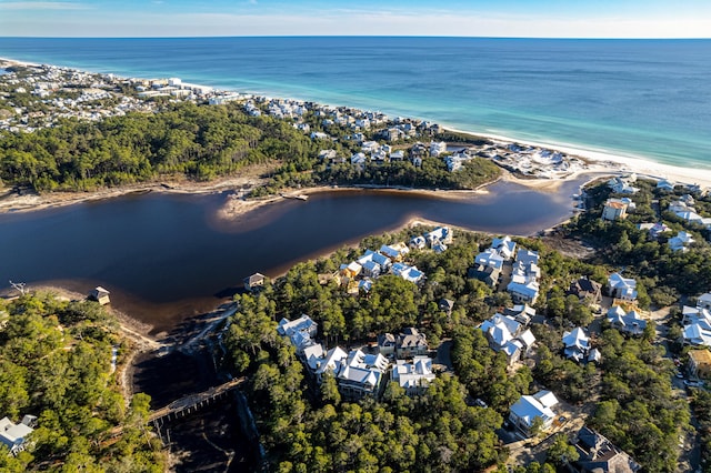 aerial view with a water view and a view of the beach