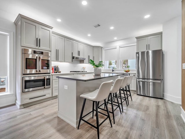 kitchen featuring stainless steel appliances, a kitchen breakfast bar, a kitchen island, gray cabinets, and light wood-type flooring