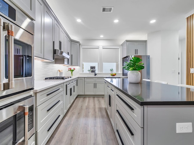 kitchen with gray cabinets, light hardwood / wood-style flooring, backsplash, and stainless steel appliances