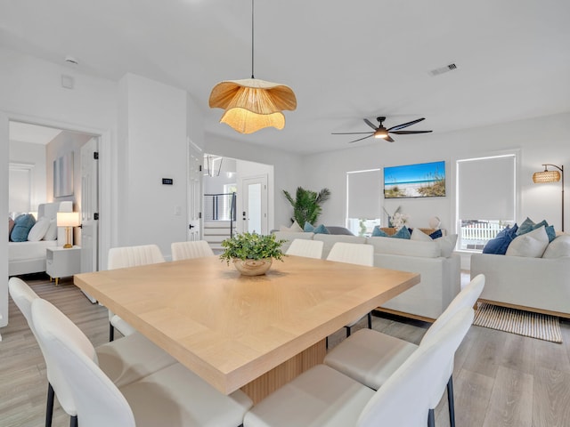 dining space with light hardwood / wood-style flooring and ceiling fan