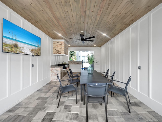 dining room featuring wood ceiling and ceiling fan