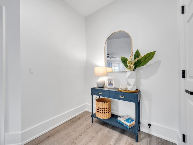 interior space with ceiling fan and light hardwood / wood-style flooring