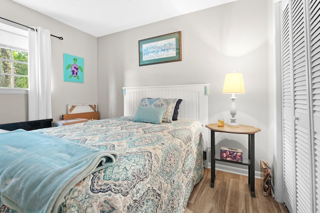 bedroom featuring a closet and light wood-type flooring