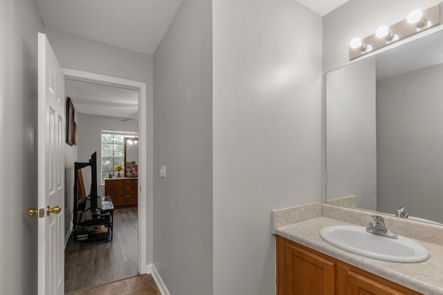 bathroom with vanity and wood-type flooring