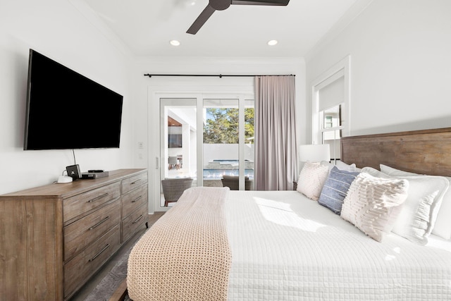 bedroom with access to exterior, ornamental molding, and ceiling fan