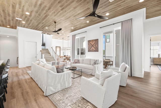 living room featuring ceiling fan, wood ceiling, and light wood-type flooring