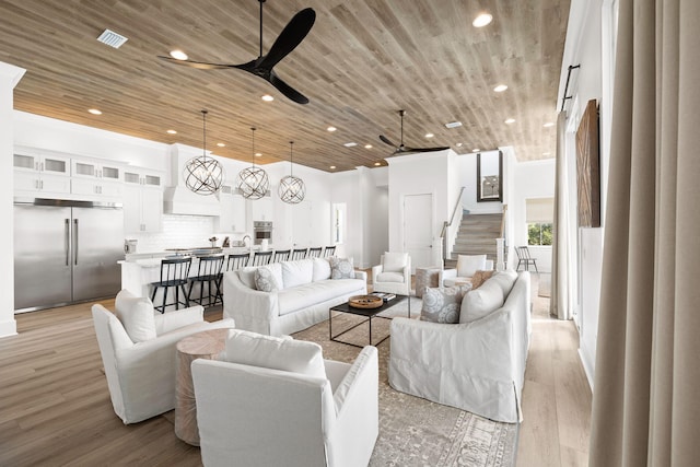 living room featuring wooden ceiling, ceiling fan, and light wood-type flooring