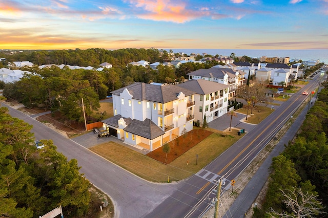 view of aerial view at dusk