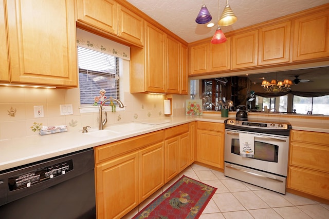 kitchen with black dishwasher, sink, hanging light fixtures, light tile patterned floors, and electric stove