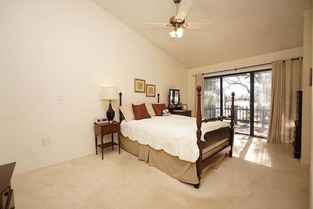 carpeted bedroom with lofted ceiling, access to exterior, and ceiling fan