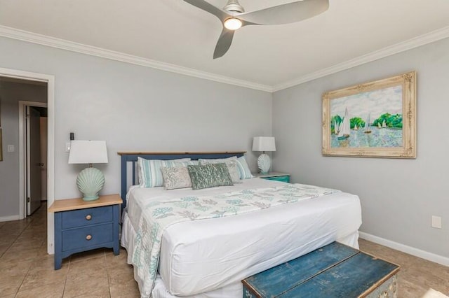 tiled bedroom with ceiling fan and crown molding