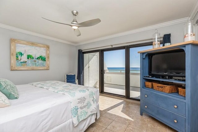 bedroom with ceiling fan, light tile patterned floors, and ornamental molding