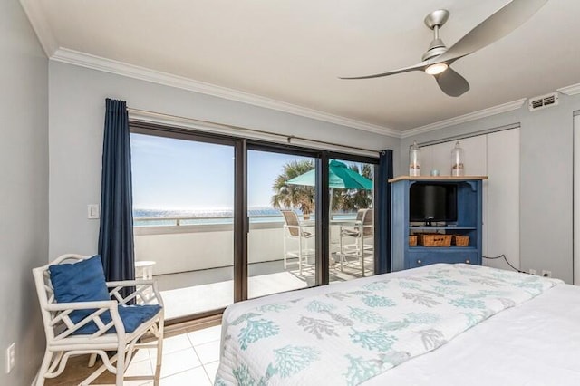 bedroom featuring light tile patterned floors, access to outside, ceiling fan, and crown molding