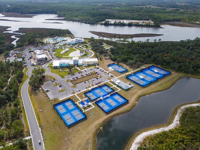 drone / aerial view with a water view