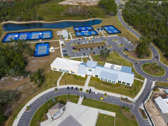 bird's eye view with a water view