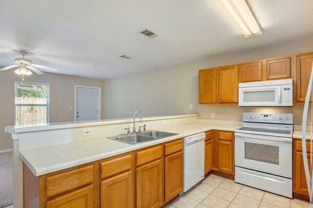 kitchen featuring ceiling fan, sink, kitchen peninsula, white appliances, and light tile patterned floors