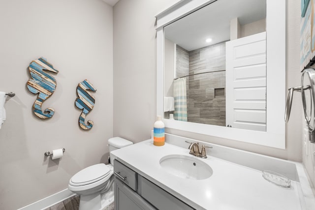 bathroom featuring wood-type flooring, vanity, toilet, and curtained shower