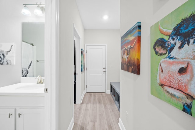 hall featuring light hardwood / wood-style floors and sink