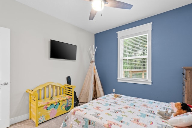 bedroom with carpet flooring and ceiling fan