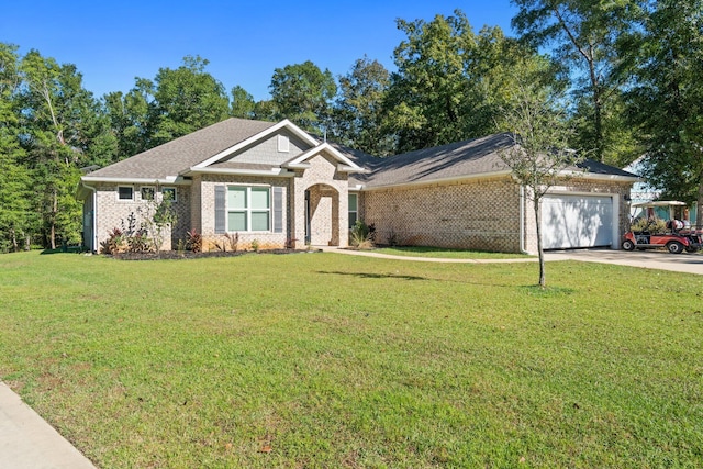 ranch-style house featuring a front yard and a garage