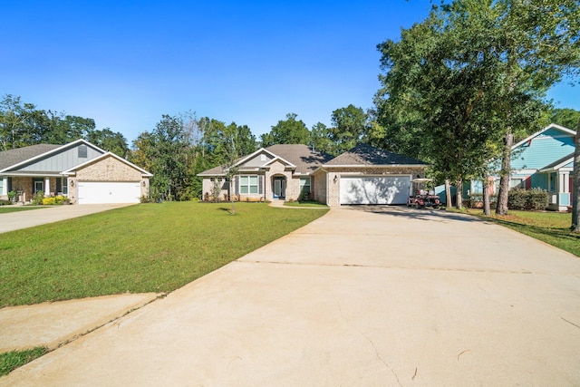 ranch-style house featuring a front lawn and a garage