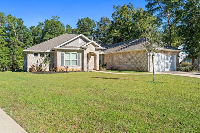 ranch-style house featuring a front yard and a garage