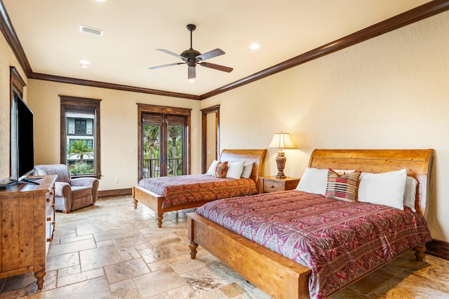 bedroom featuring visible vents, stone tile flooring, crown molding, baseboards, and access to exterior