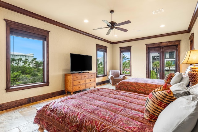 bedroom with crown molding, stone tile floors, recessed lighting, and baseboards