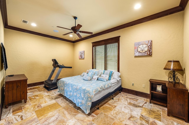 bedroom with baseboards, stone tile flooring, and ornamental molding