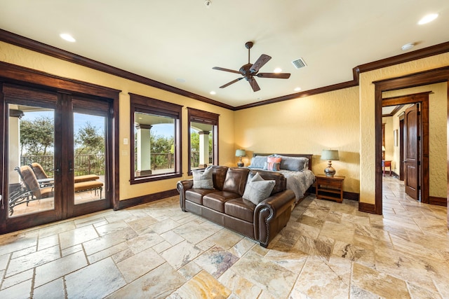 bedroom featuring stone tile flooring, baseboards, and access to outside