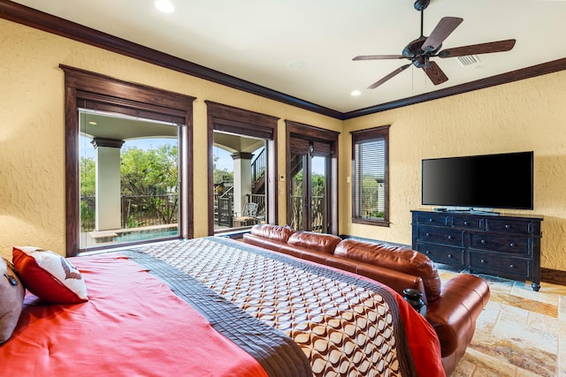 bedroom with multiple windows, stone tile floors, crown molding, and a textured wall