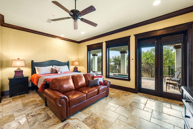 bedroom featuring stone tile flooring, multiple windows, baseboards, and access to exterior