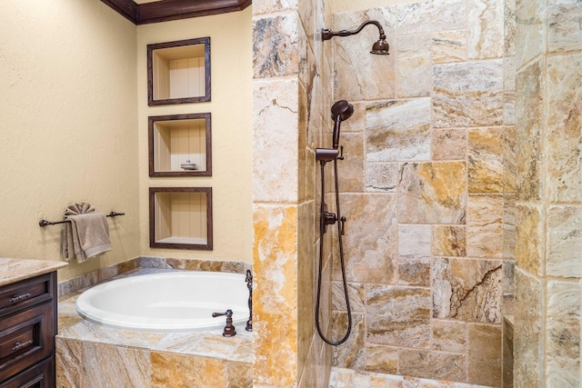 full bath with tiled shower, a bath, and vanity