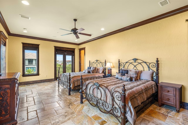 bedroom with access to exterior, baseboards, visible vents, and stone tile flooring