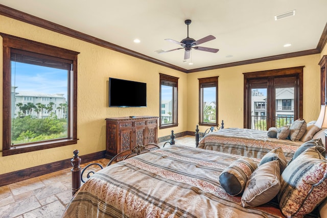 bedroom with stone tile flooring, visible vents, a textured wall, and access to exterior