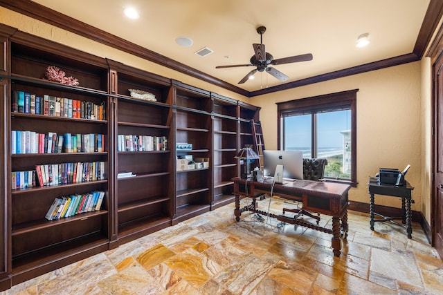 home office featuring baseboards, visible vents, stone tile flooring, ceiling fan, and crown molding