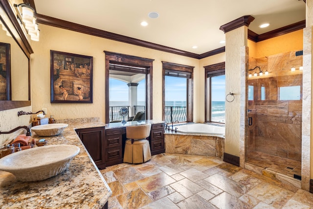 full bathroom featuring a stall shower, a bath, stone tile flooring, and ornamental molding