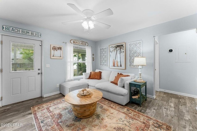 living room with electric panel, ceiling fan, and hardwood / wood-style flooring