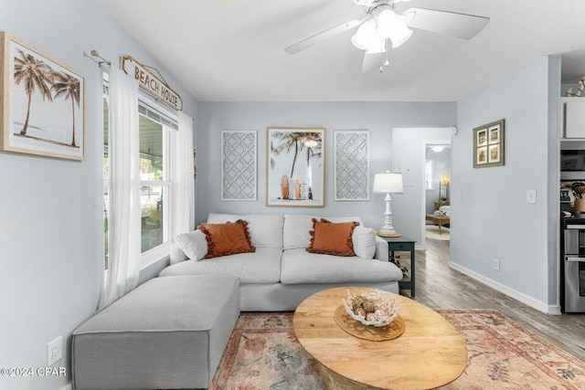 living room with ceiling fan and wood-type flooring