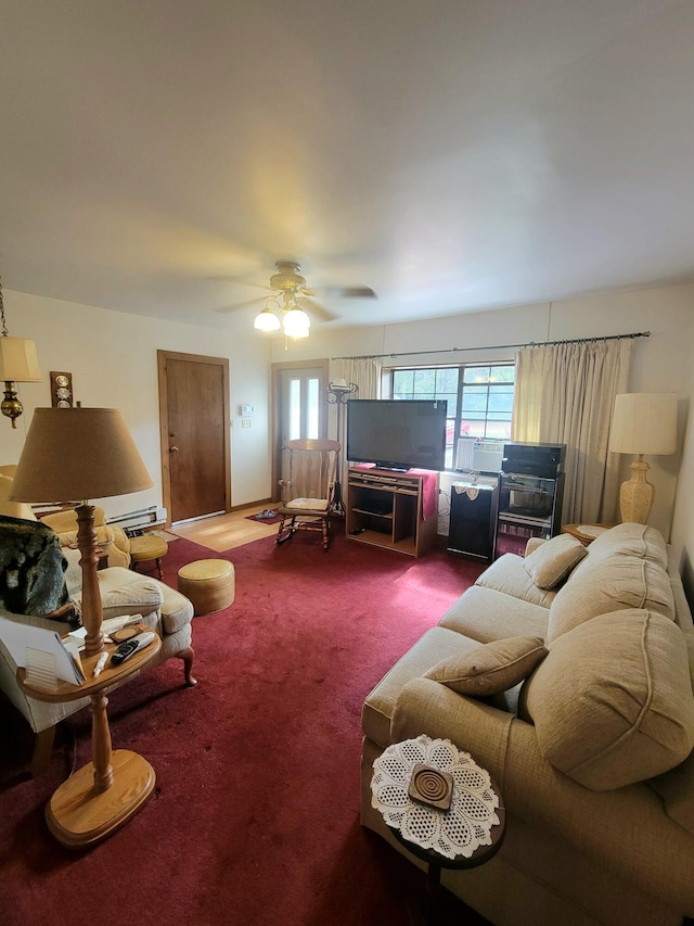 carpeted living room featuring ceiling fan