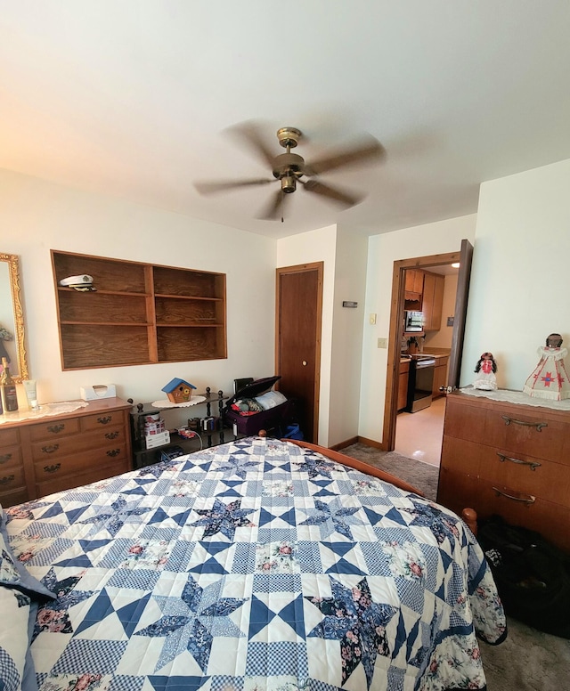 bedroom featuring ceiling fan and light colored carpet