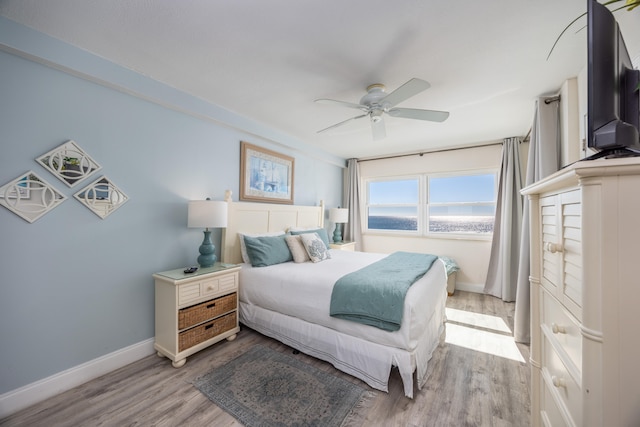 bedroom with ceiling fan and light wood-type flooring