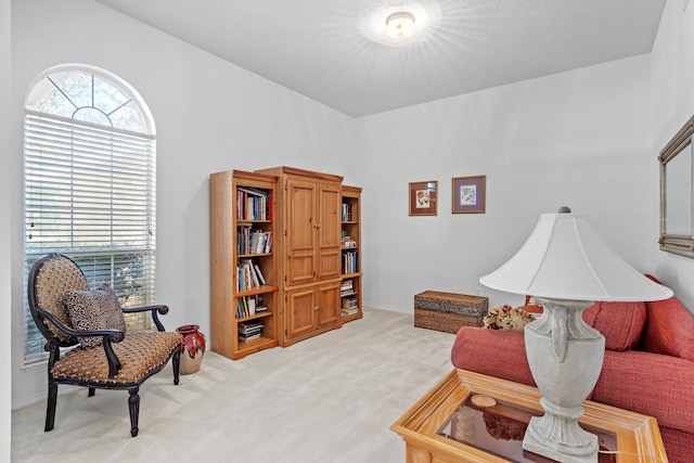 living area with light carpet