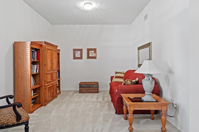 living area featuring a textured ceiling and light colored carpet