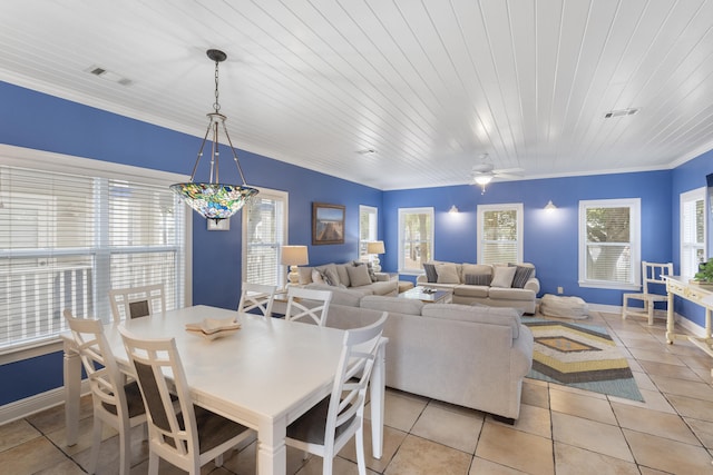 tiled dining area with ornamental molding, ceiling fan, and wooden ceiling